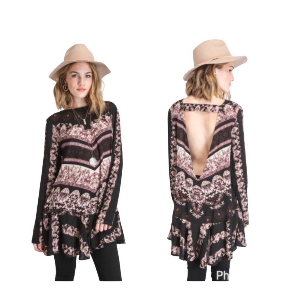 Free People Black Paisley Open Back Tiered Ruffle Tunic Dress Top Womens Medium